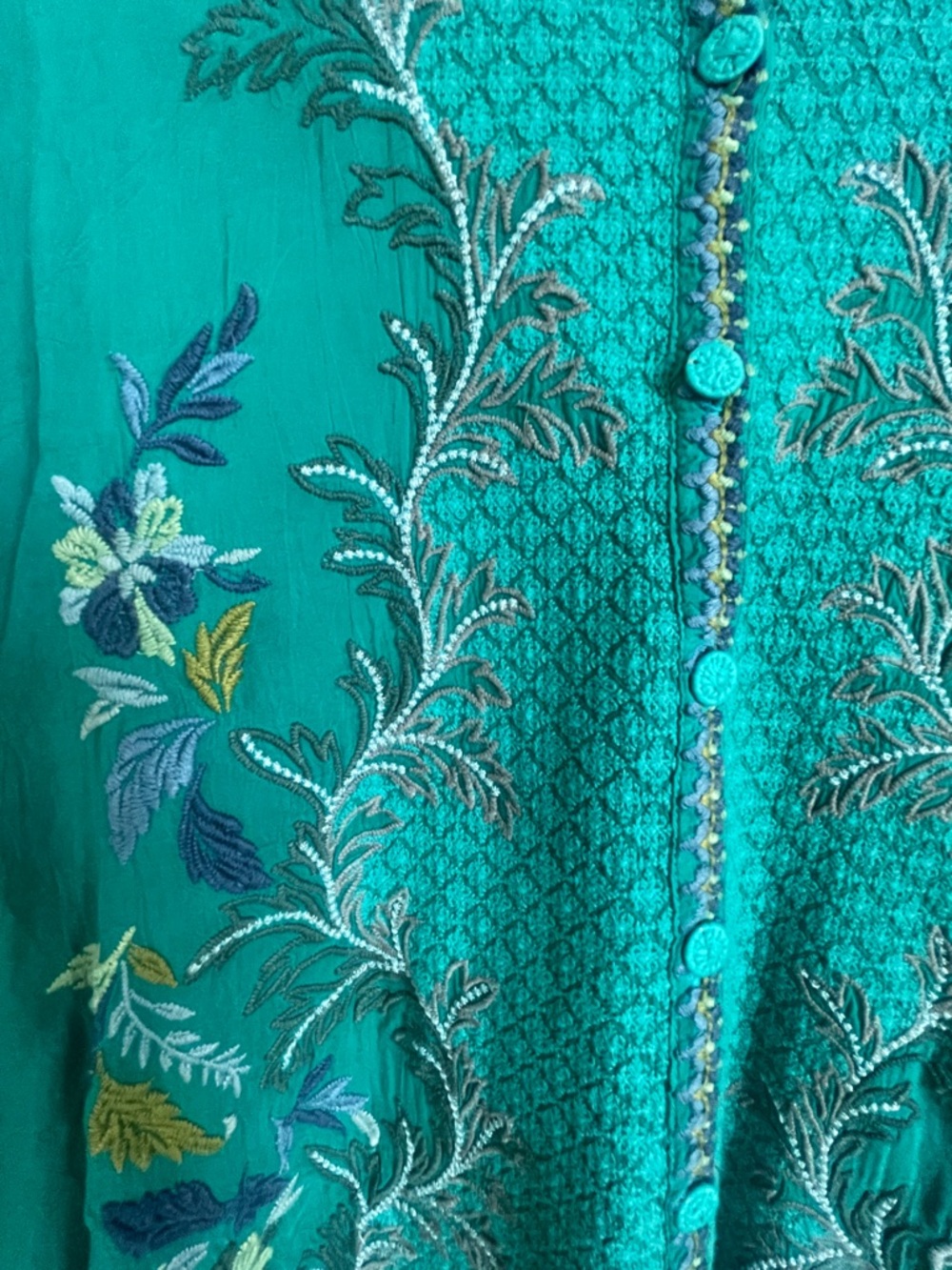 Johnny Was Teal Embroidered Button-Front Blouse - Picture 2 of 8
